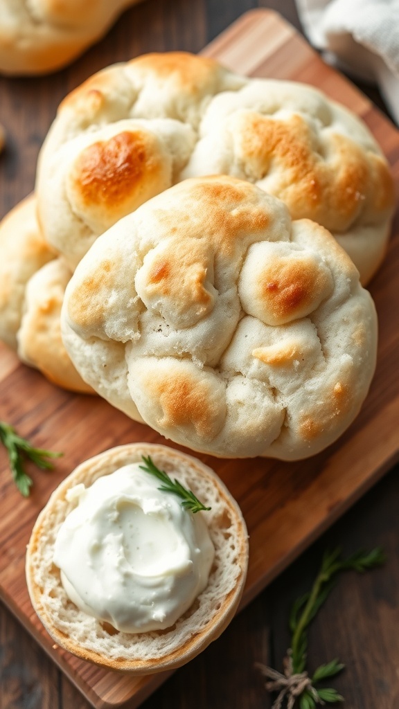 Fluffy cloud bread pieces on a cutting board with cream cheese spread and herbs.